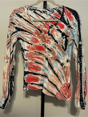 Young Fabulous & Broke Tie-Dye Henley Long Sleeve Asymmetrical Hem Large